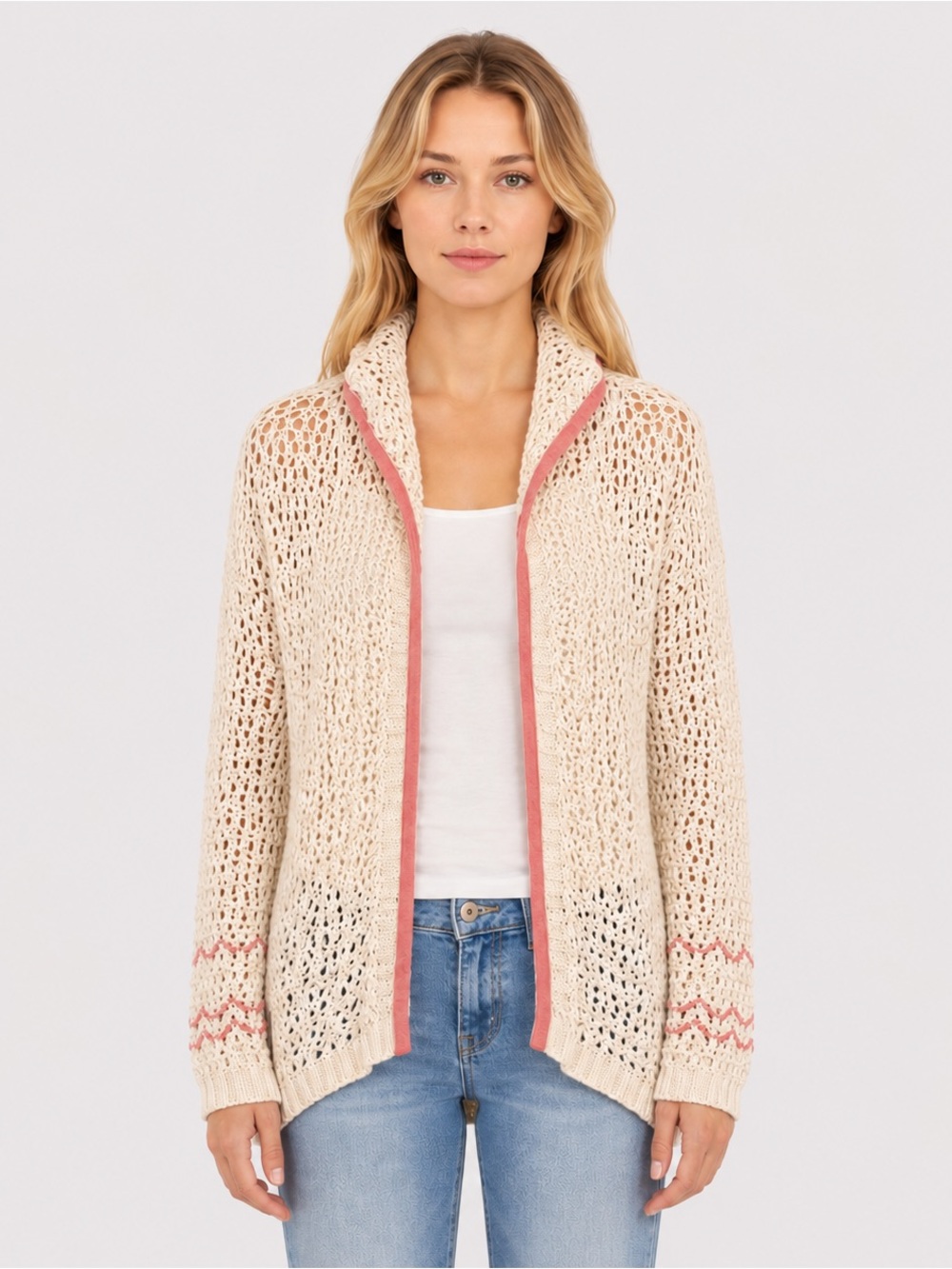 SWTR Sweater Crochet Open Front‎ Cardigan Top Size Small White Pink Hooded NWT